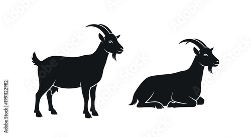 Two goats standing and lying down.