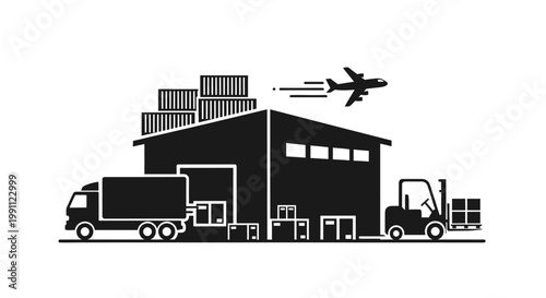 Forklift truck loading cargo warehouse.