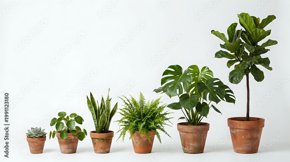 Fototapeta premium Collection of green houseplants in terracotta pots arranged by size on white surface, indoor gardening and home decor botanical display for plant lovers.