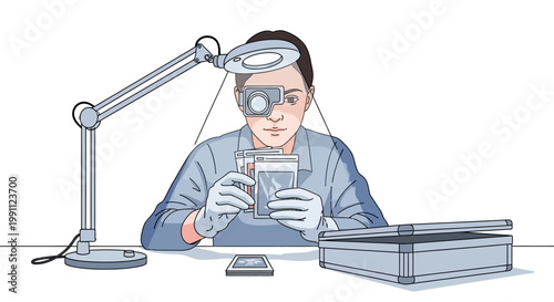 Person examining coins with magnifier and gloves at workspace