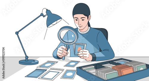 Man examining cards with magnifying glass in a cozy workspace