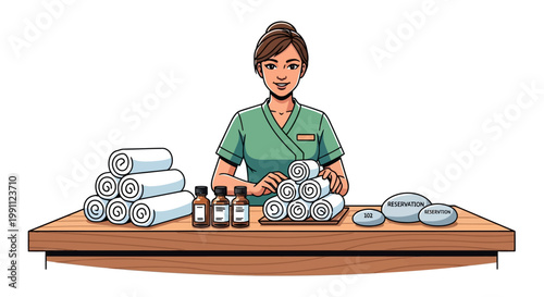 Spa receptionist with towels and oils in flat cartoon style