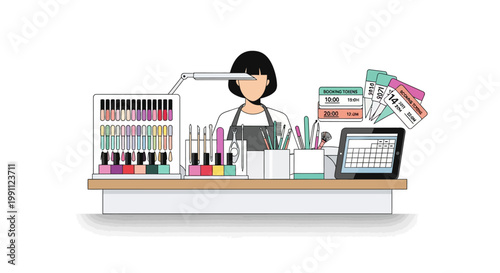 Nail salon reception desk with appointment system and cosmetic display