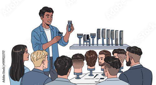 Barber teaching hair clipper techniques to students in modern salon workshop
