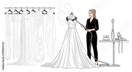 Seamstress steaming wedding dresses in modern atelier setting