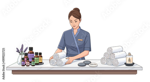 Spa receptionist arranging aromatherapy oils and towels on counter
