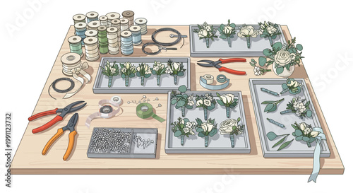 Floral wedding preparation scene with boutonnieres and tools on wooden table