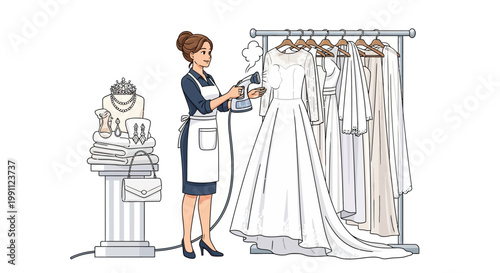 Bridal boutique preparation scene with seamstress