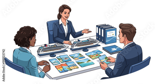 Travel agents discuss cruise reservations in office with brochures and ship models
