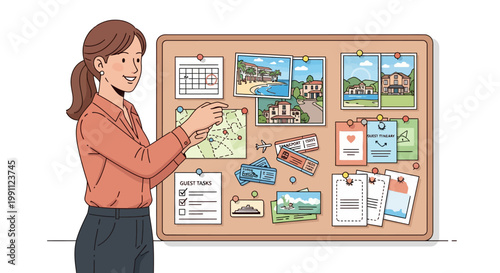 Travel planning concept with woman organizing itinerary on bulletin board