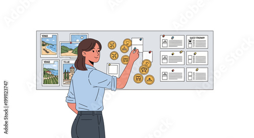 Person planning event with photos and graphs on board