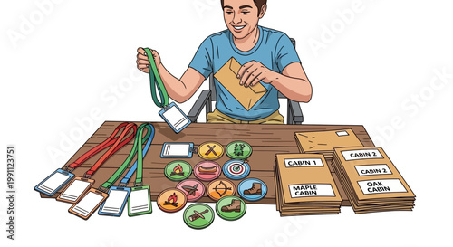 Camp organizer sorting badges and id lanyards at table for cabin assignment