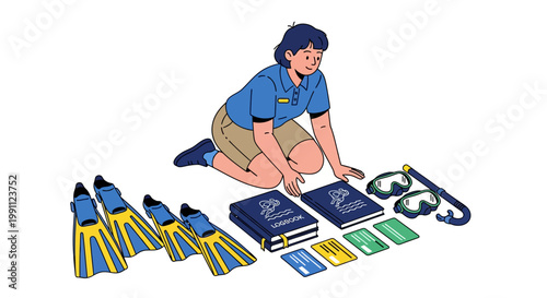 Dive instructor organizing scuba gear with notebooks and equipment