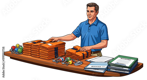 Man organizing safety gear and bookings at reception desk