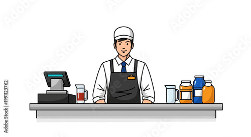 Cashier at counter with barcode scanner and products in modern style