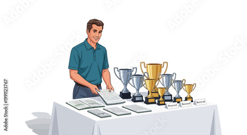Man organizing awards on table with trophies and certificates