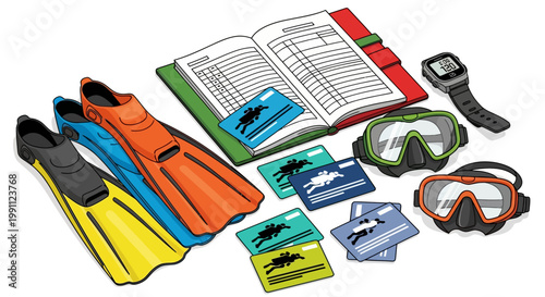 Scuba diving gear and certification items in vibrant colors for enthusiasts