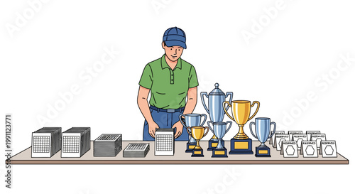 Man arranging trophies on table with notebooks and prize envelopes in casual attire