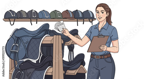 Equestrian equipment store with employee organizing horse riding gear