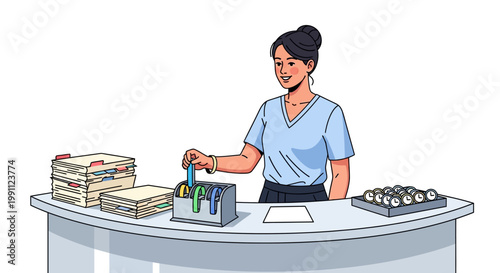 Office worker organizing documents at desk with filing system