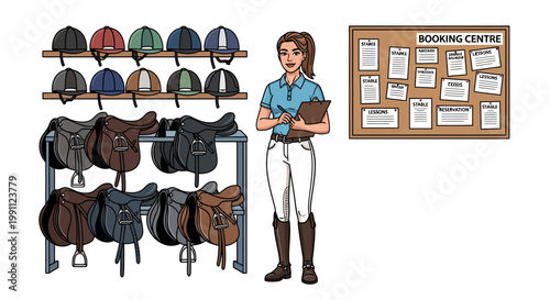 Equestrian gear and stable booking center with rider in uniform