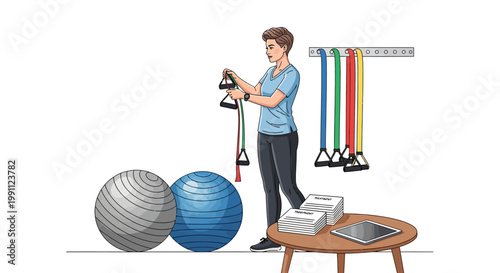 Home workout setup with resistance bands and stability balls