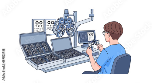 Eye exam equipment with optometrist in modern ophthalmology clinic