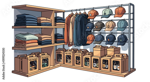 Modern retail display with clothes, hats, and prepackaged goods on shelves