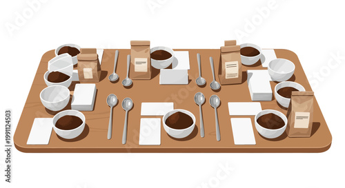 Coffee cupping setup with bowls, spoons, and bags on wooden surface