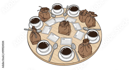 Coffee tasting setup with multiple cups and sample bags on a wooden table
