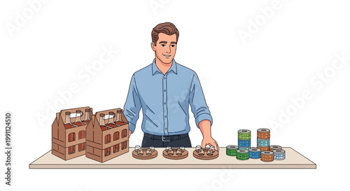 Craft beer tasting event with smiling host and assorted cans on display