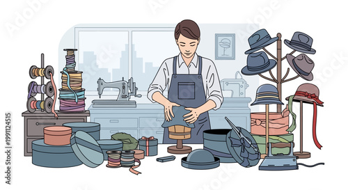 Artisan crafting hats in a busy workshop