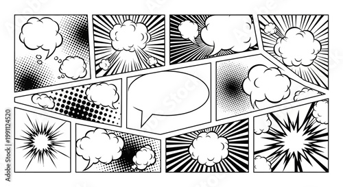 Dynamic comic style panels with halftone speech bubbles and explosive elements