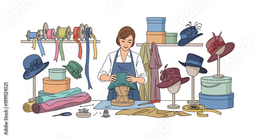 Milliner crafting elegant hats in a workshop filled with colorful ribbons and materials