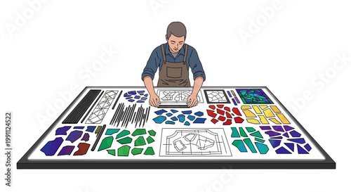 Artisan at work on colorful stained glass project in workshop setting
