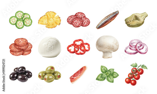 Watercolor set of pizza ingredients and Italian food clipart collection