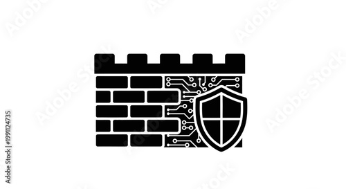 Black shield on brick wall icon.