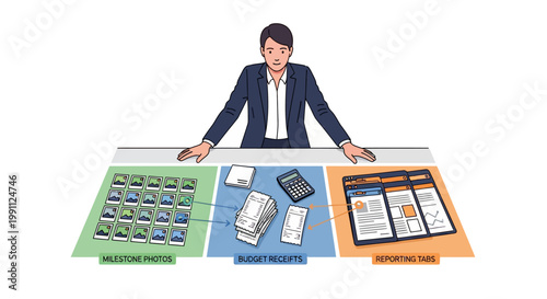 Business planning workflow with milestones, budgets, and reports in office setup