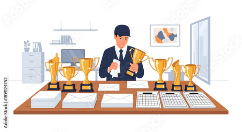 Man polishing trophies at desk in modern office setting