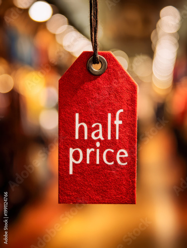 Red discount tag with half price text hanging against a warm bokeh background symbolizing a special sale or promotional offer in a retail environment