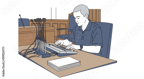 Courtroom scene featuring a court reporter typing on a stenotype machine