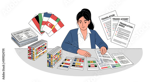Translator analyzing multilingual documents and flag cards at desk