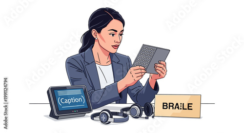 Woman reading braille with assistive technology in modern office setting