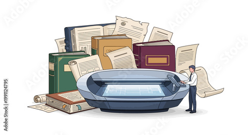 Futuristic document scanning with digital blueprint on advanced device