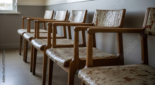 Row of aged wooden chairs with peeling upholstery, showing signs of wear and tear, arranged in a waiting room setting