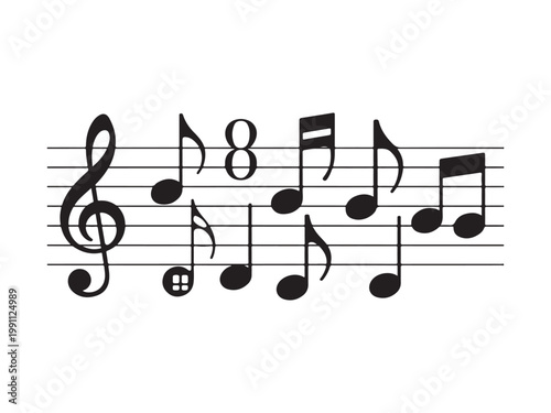 Black and White Musical Notes and Symbols on Staff