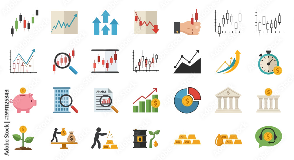 Fototapeta premium Financial Market Performance Analysis with Growth and Decline Icons on a Grid