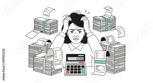 Woman Frustrated by Receipt Bundles and Calculator Flat Five Color Minimalist Vector Illustration
