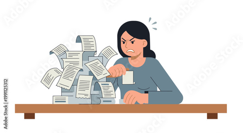 Woman Frustrated by Receipt Chaos on Wooden Table Flat Five Color Minimalist Vector Illustration