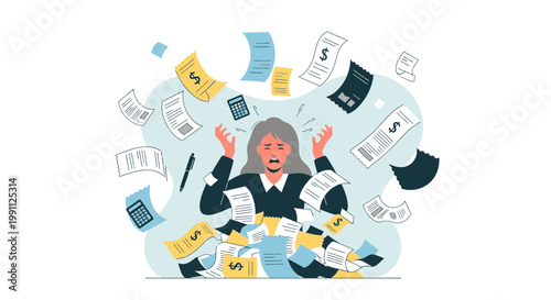 Woman Frustrated by Receipt Chaos During Tax Season Flat Five Color Minimalist Vector